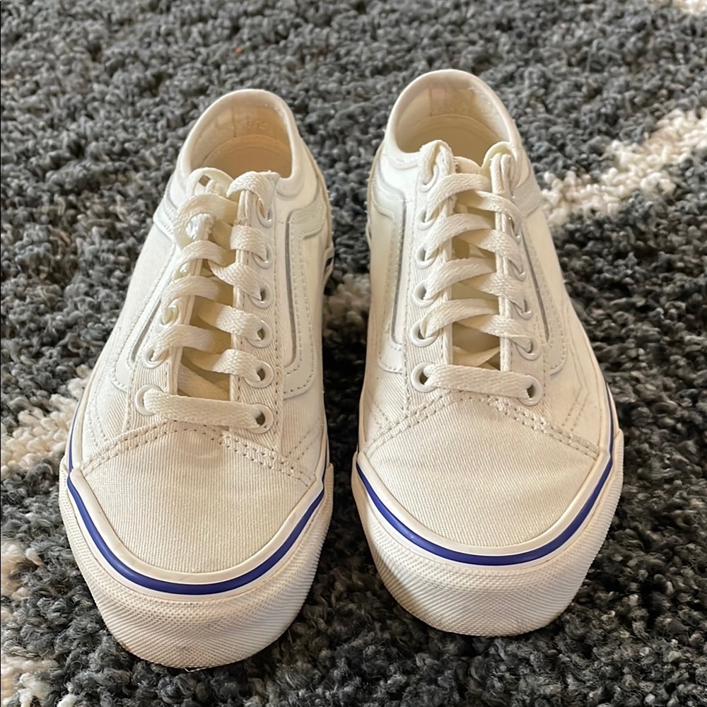 White Canvas Vans Sneakers with Blue Trim